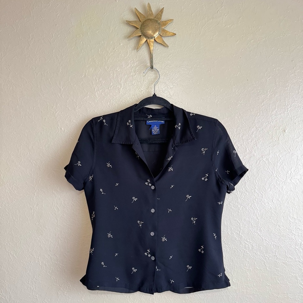 Women's Black Dainty Floral Button-Up Top